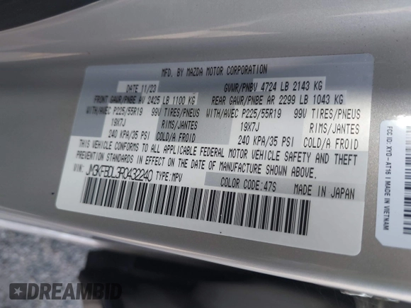 2024 Mazda CX-5 2.5 S Premium Package with VIN JM3KFBDL3R0432240, listed as a IAAI auction lot 41613036 with 1 mi miles. Bid and sale history available at carsss.com. Image 9.