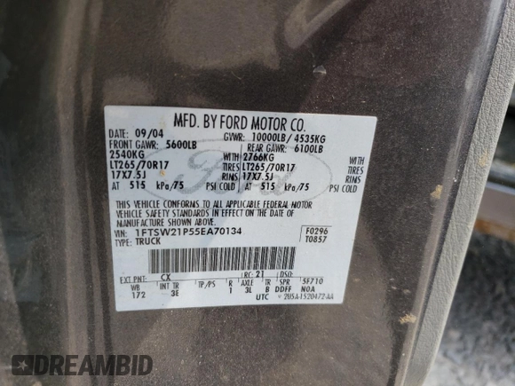 2005 Ford F-250 XL with VIN 1FTSW21P55EA70134, listed as a Copart auction lot 59509155 with 210,758 mi miles and Salvage title. Bid and sale history available at DreamBid. Image 12.