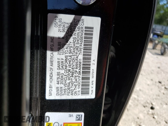 2019 Honda Accord Sport with VIN 1HGCV1F39KA095811, listed as a Copart auction lot 53125005 with 111,086 mi miles and Salvage Title. Bid and sale history available at DreamBid. Image 13.