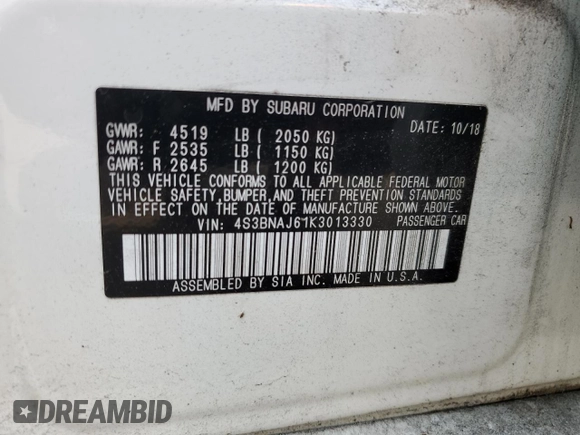 2019 Subaru Legacy Limited with VIN 4S3BNAJ61K3013330, listed as a Copart auction lot 66292173 with 31,343 mi miles. Bid and sale history available at carsss.com. Image 13.