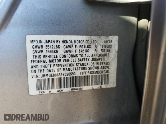 2009 Honda Fit Sport w/Navi with VIN JHMGE88639S020590, listed as a Copart auction lot 48403795 with 0 mi miles and Salvage Title. Bid and sale history available at carsss.com. Image 12.