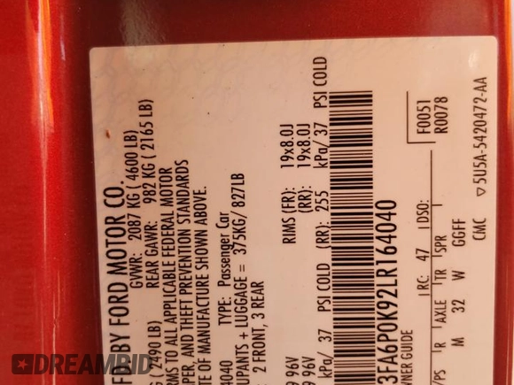 2020 Ford Fusion Titanium with VIN 3FA6P0K92LR164040, listed as a Copart auction lot 59497495 with 74,812 mi miles and Salvage title. Bid and sale history available at DreamBid. Image 12.