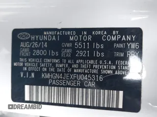 2015 Hyundai Genesis 3.8L with VIN KMHGN4JEXFU045316, listed as a IAAI auction lot 42111986 with 139,349 mi miles. Bid and sale history available at carsss.com. Image 9.