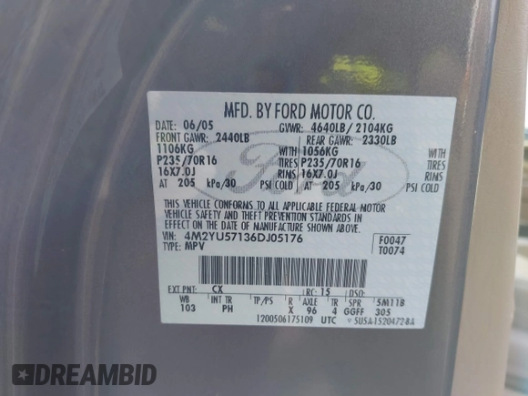 2006 Mercury Mariner Luxury с VIN 4M2YU57136DJ05176, выставлен на аукционе IAAI как лот 41499648 с пробегом 152 185 миль миль и . История ставок и продаж доступна на DreamBid. Изображение 9.