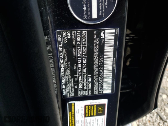 2020 Mercedes-Benz GLE 450 with VIN 4JGFB5KB6LA217594, listed as a Copart auction lot 58564685 with 80,188 mi miles and Salvage title. Bid and sale history available at DreamBid. Image 14.