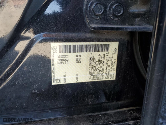 2012 Nissan Maxima 3.5 S with VIN 1N4AA5APXCC858871, listed as a Copart auction lot 46216495 with 127,628 mi miles and Salvage Title. Bid and sale history available at carsss.com. Image 12.