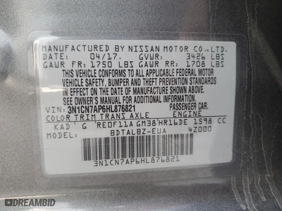 2017 Nissan Versa Sedan SV with VIN 3N1CN7AP6HL876821, listed as a Copart auction lot 43825625 with 69,488 mi miles and Salvage Title. Bid and sale history available at carsss.com. Image 15.