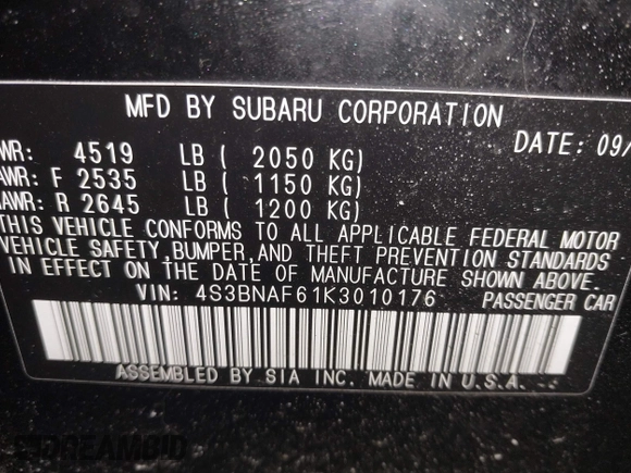 2019 Subaru Legacy Premium with VIN 4S3BNAF61K3010176, listed as a IAAI auction lot 41592812 with 58,021 mi miles and . Bid and sale history available at DreamBid. Image 9.
