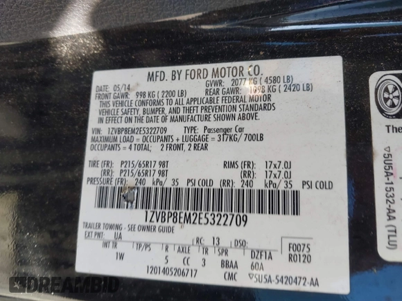 2014 Ford Mustang V6 with VIN 1ZVBP8EM2E5322709, listed as a IAAI auction lot 41732809 with 130,263 mi miles. Bid and sale history available at carsss.com. Image 9.