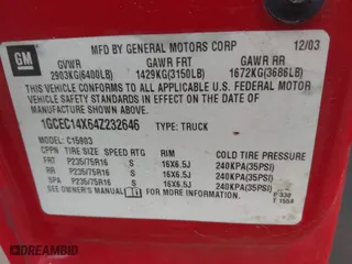 2004 Chevrolet Silverado 1500 Work Truck with VIN 1GCEC14X64Z232646, listed as a IAAI auction lot 40932577 with 267,728 mi miles. Bid and sale history available at carsss.com. Image 9.