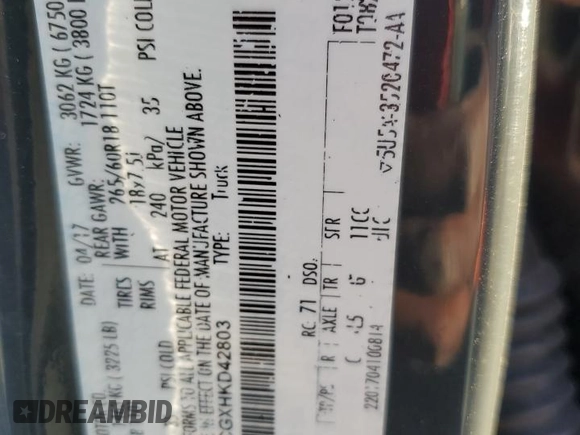 2017 Ford F-150 XL with VIN 1FTEW1CGXHKD42803, listed as a Copart auction lot 52357785 with 129,309 mi miles and Salvage title. Bid and sale history available at DreamBid. Image 13.
