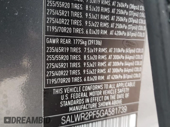 2016 Land Rover Range Rover Sport HSE with VIN SALWR2PF5GA581739, listed as a Copart auction lot 57715875 with 102,936 mi miles and Salvage title. Bid and sale history available at DreamBid. Image 12.