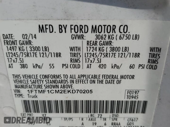 2014 Ford F-150 XL with VIN 1FTMF1CM2EKD70205, listed as a Copart auction lot 43963335 with 214,912 mi miles and Salvage title. Bid and sale history available at DreamBid. Image 12.