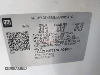 2022 Chevrolet Malibu LS with VIN 1G1ZB5ST1NF204051, listed as a IAAI auction lot 39838650 with Not Provided miles and . Bid and sale history available at DreamBid. Image 9.