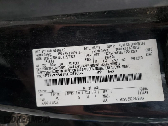 2019 Ford F-250 XL with VIN 1FT7W2B61KEC53666, listed as a Copart auction lot 60082005 with 147,277 mi miles and Salvage title. Bid and sale history available at DreamBid. Image 12.