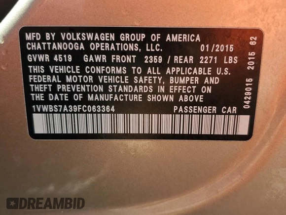 2015 Volkswagen Passat SE с VIN 1VWBS7A39FC063364, выставлен на аукционе Copart как лот 69635734 с пробегом 143 658 миль миль и Списание • Salvage title. История ставок и продаж доступна на DreamBid. Изображение 14.