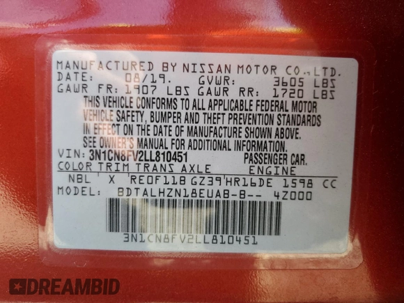 2020 Nissan Versa SR with VIN 3N1CN8FV2LL810451, listed as a Copart auction lot 53837405 with 46,585 mi miles and Salvage title. Bid and sale history available at DreamBid. Image 13.