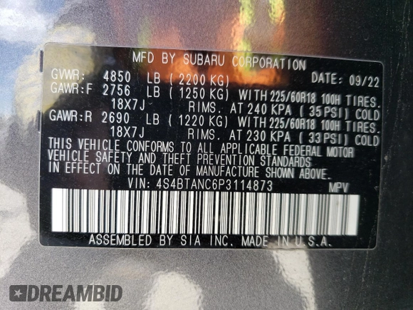 2023 Subaru Outback Limited with VIN 4S4BTANC6P3114873, listed as a Copart auction lot 56017825 with 36,852 mi miles and Salvage title. Bid and sale history available at DreamBid. Image 13.