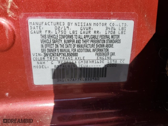 2019 Nissan Versa Sedan SV with VIN 3N1CN7AP7KL850980, listed as a Copart auction lot 83310824 with 98,884 mi miles and Salvage Title. Bid and sale history available at carsss.com. Image 14.