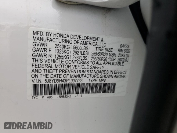 2023 Acura MDX w/Technology Package with VIN 5J8YD9H43PL007733, listed as a Copart auction lot 82115574 with 22,616 mi miles and Salvage Title. Bid and sale history available at carsss.com. Image 14.