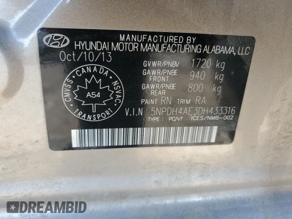 2013 Hyundai Elantra GLS z VIN 5NPDH4AE3DH433316, wystawiony jako Copart lot #58578135 z przebiegiem 243 028 mil mil oraz Szkody całkowita. Historia ofert i sprzedaży dostępna na DreamBid. Obrazek 12.