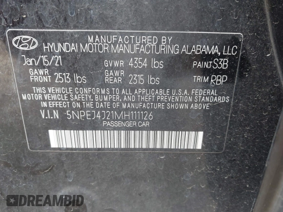 2021 Hyundai Sonata SEL Plus with VIN 5NPEJ4J21MH111126, listed as a IAAI auction lot 41833686 with 35,479 mi miles and . Bid and sale history available at DreamBid. Image 9.