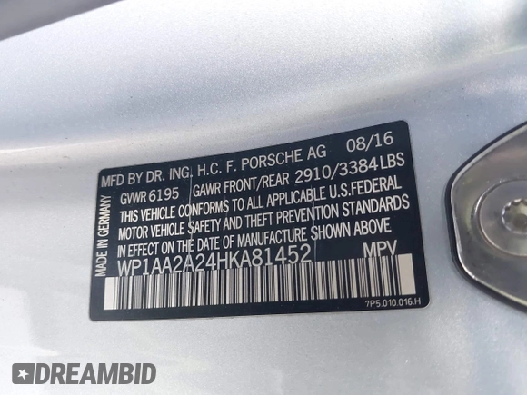 2017 Porsche Cayenne with VIN WP1AA2A24HKA81452, listed as a IAAI auction lot 41948826 with 96,647 mi miles and . Bid and sale history available at DreamBid. Image 9.