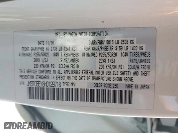 2017 Mazda CX-9 Signature with VIN JM3TCBEY8H0129718, listed as a Copart auction lot 50511875 with 81,203 mi miles and Salvage title. Bid and sale history available at DreamBid. Image 16.
