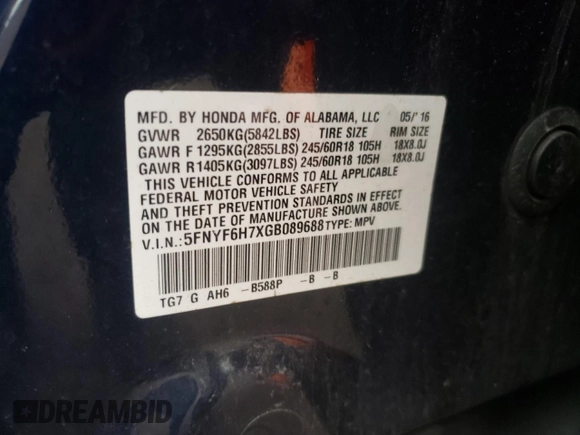 2016 Honda Pilot EX-L z VIN 5FNYF6H7XGB089688, wystawiony jako Copart lot #57041485 z przebiegiem 92 544 mil mil oraz Szkoda całkowita • Salvage title. Historia ofert i sprzedaży dostępna na DreamBid. Obrazek 13.