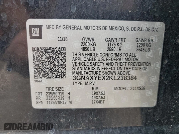 2019 Chevrolet Equinox Premier with VIN 3GNAXYEX2KL238384, listed as a Copart auction lot 56067135 with 48,615 mi miles and Salvage title. Bid and sale history available at DreamBid. Image 13.