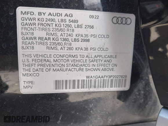 2023 Audi Q5 S line Premium with VIN WA1GAAFY3P2027829, listed as a IAAI auction lot 42638257 with 61,925 mi miles and . Bid and sale history available at DreamBid. Image 9.