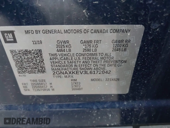 2020 Chevrolet Equinox LT with VIN 2GNAXKEV3L6172042, listed as a IAAI auction lot 41215954 with 142,919 mi miles and . Bid and sale history available at carsss.com. Image 9.