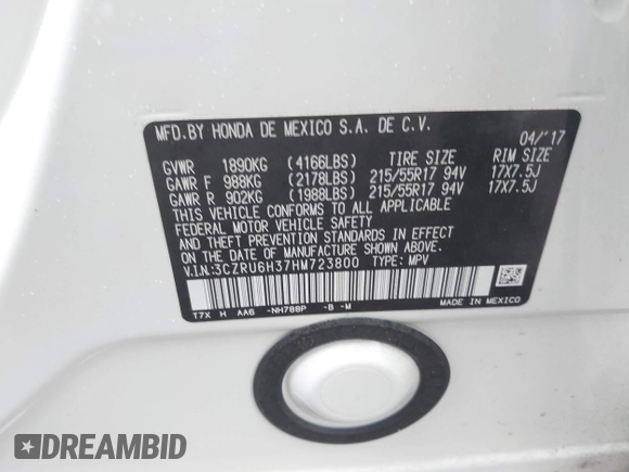2017 Honda HR-V LX with VIN 3CZRU6H37HM723800, listed as a IAAI auction lot 41645763 with 53,574 mi miles and . Bid and sale history available at DreamBid. Image 9.