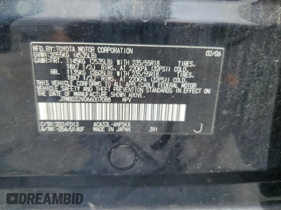2006 Toyota RAV4 Sport with VIN JTMBD32V066007088, listed as a Copart auction lot 61424555 with 175,276 mi miles and Salvage title. Bid and sale history available at DreamBid. Image 13.