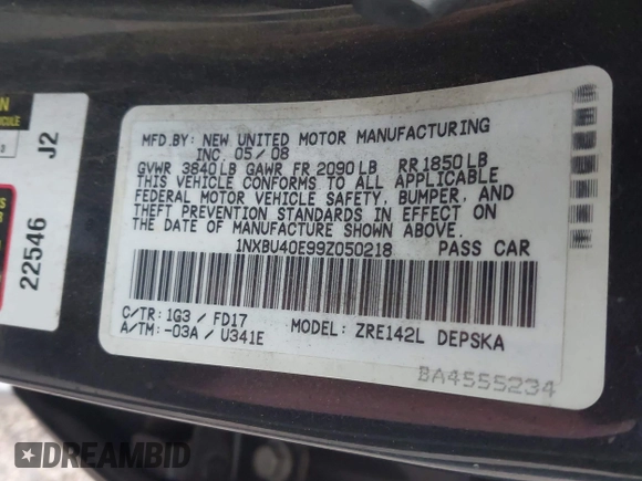 2009 Toyota Corolla with VIN 1NXBU40E99Z050218, listed as a IAAI auction lot 42208256 with 149,796 mi miles. Bid and sale history available at carsss.com. Image 9.
