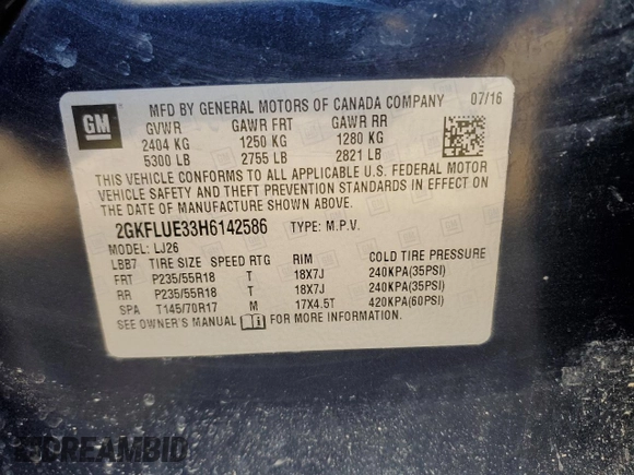 2017 GMC Terrain SLT with VIN 2GKFLUE33H6142586, listed as a Copart auction lot 48485415 with 69,558 mi miles and Clean Title. Bid and sale history available at carsss.com. Image 15.