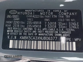 2022 Hyundai Kona Limited with VIN KM8K5CA3XNU806377, listed as a IAAI auction lot 41403043 with 12,618 mi miles. Bid and sale history available at carsss.com. Image 9.