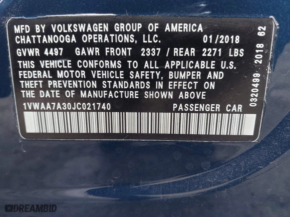 2018 Volkswagen Passat 2.0T S with VIN 1VWAA7A30JC021740, listed as a IAAI auction lot 41887035 with 65,227 mi miles. Bid and sale history available at carsss.com. Image 9.