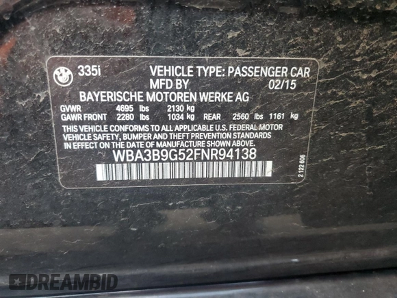 2015 BMW 3 Series 335i xDrive with VIN WBA3B9G52FNR94138, listed as a Copart auction lot 87391694 with 78,570 mi miles and Salvage Title. Bid and sale history available at DreamBid. Image 14.