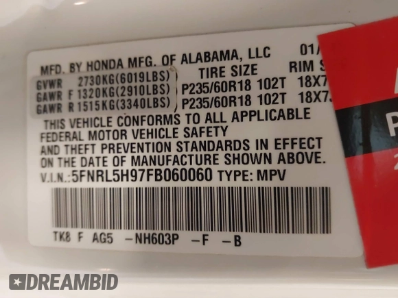 2015 Honda Odyssey Touring Elite with VIN 5FNRL5H97FB060060, listed as a IAAI auction lot 41829864 with Not Provided miles and . Bid and sale history available at DreamBid. Image 9.