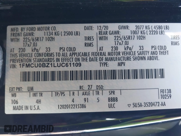 2020 Ford Escape SE Sport Hybrid with VIN 1FMCU0BZ1LUC61109, listed as a IAAI auction lot 41407511 with 135,353 mi miles and . Bid and sale history available at carsss.com. Image 9.