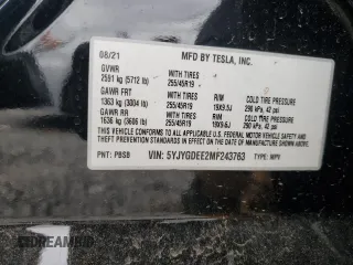 2021 Tesla Model Y Long Range with VIN 5YJYGDEE2MF243763, listed as a Copart auction lot 54941665 with 39,516 mi miles and Clean Title. Bid and sale history available at DreamBid. Image 12.