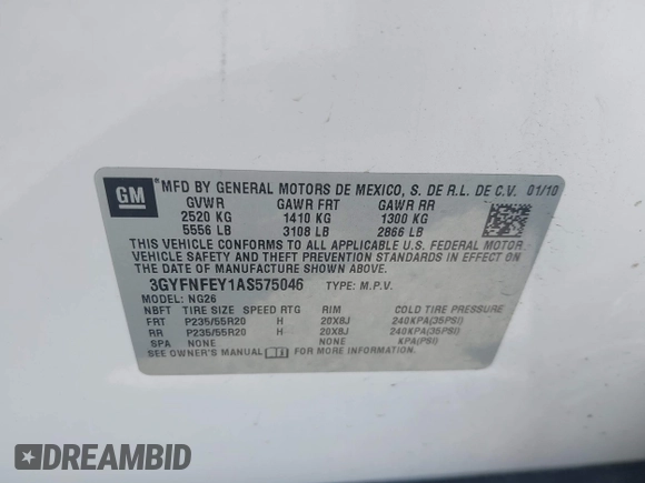 2010 Cadillac SRX Premium Collection with VIN 3GYFNFEY1AS575046, listed as a IAAI auction lot 42576770 with 135,129 mi miles and . Bid and sale history available at DreamBid. Image 9.
