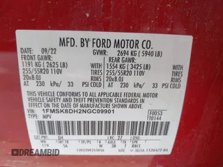 2022 Ford Explorer XLT z VIN 1FMSK8DH2NGC09901, wystawiony jako IAAI lot #42288417 z przebiegiem 40 752 mil mil oraz . Historia ofert i sprzedaży dostępna na DreamBid. Obrazek 9.
