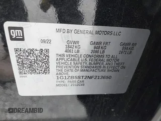 2022 Chevrolet Malibu LS with VIN 1G1ZB5ST2NF213650, listed as a IAAI auction lot 42137021 with 36,489 mi miles and . Bid and sale history available at DreamBid. Image 9.