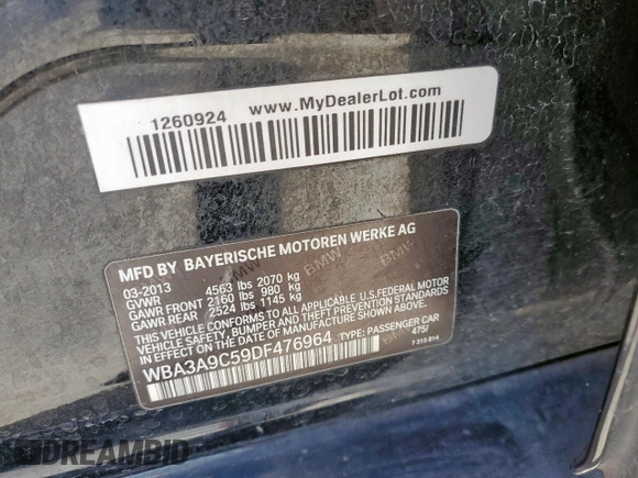 2013 BMW 3 Series 335i with VIN WBA3A9C59DF476964, listed as a Copart auction lot 49857155 with 149,086 mi miles and Clean Title. Bid and sale history available at carsss.com. Image 12.