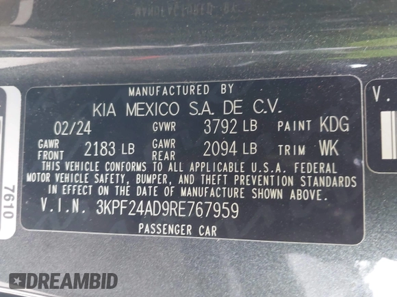 2024 Kia Forte LXS with VIN 3KPF24AD9RE767959, listed as a IAAI auction lot 42037956 with 29,130 mi miles. Bid and sale history available at carsss.com. Image 9.