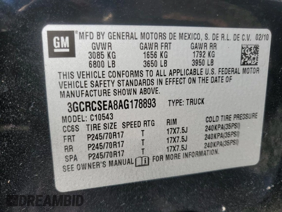 2010 Chevrolet Silverado 1500 LT with VIN 3GCRCSEA8AG178893, listed as a Copart auction lot 89167855 with 117,297 mi miles and Salvage Title. Bid and sale history available at DreamBid. Image 12.