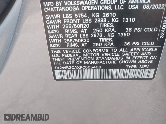2023 Volkswagen Atlas SE with VIN 1V2WR2CAXPC505406, listed as a IAAI auction lot 41718065 with 44,305 mi miles and . Bid and sale history available at DreamBid. Image 9.