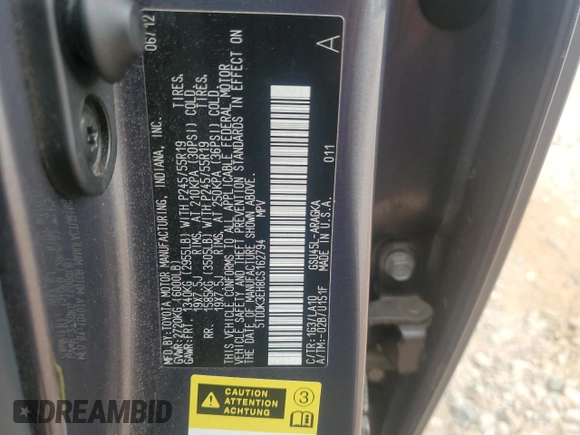 2012 Toyota Highlander Limited with VIN 5TDDK3EH8CS162794, listed as a Copart auction lot 65825755 with 91,354 mi miles and Salvage title. Bid and sale history available at DreamBid. Image 13.